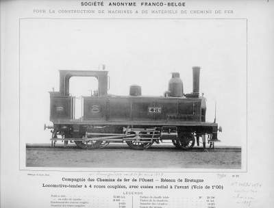 <b>Locomotive-tender à 4 roues couplées, avec essieu radial à l'avant (Voie de 1m00)</b><br>Compagnie des Chemins de fer de l'Ouest<br>Réseau de Bretagne